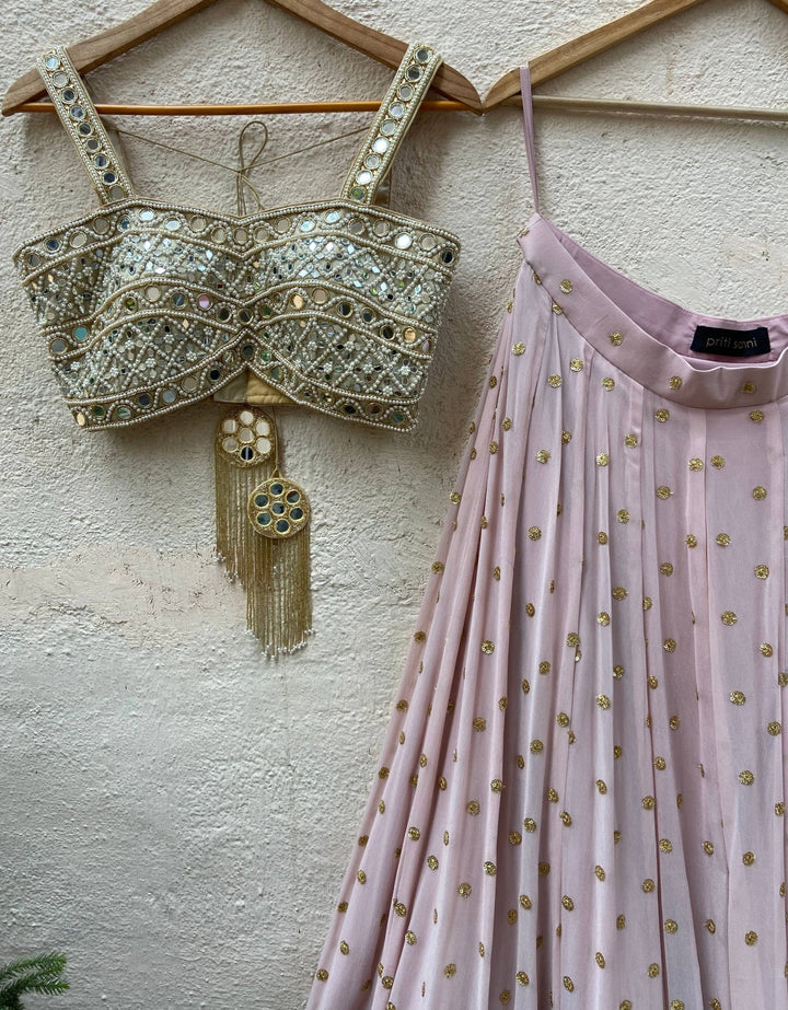 Powder Pink Lehenga Set With Mirror Bustier Priti Sahni - Fabilicious Fashion