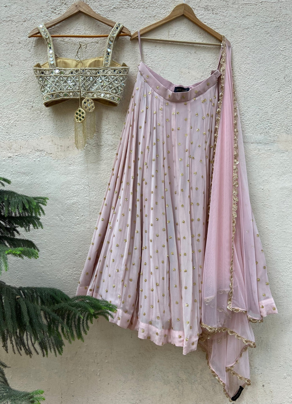Powder Pink Lehenga Set With Mirror Bustier Priti Sahni - Fabilicious Fashion