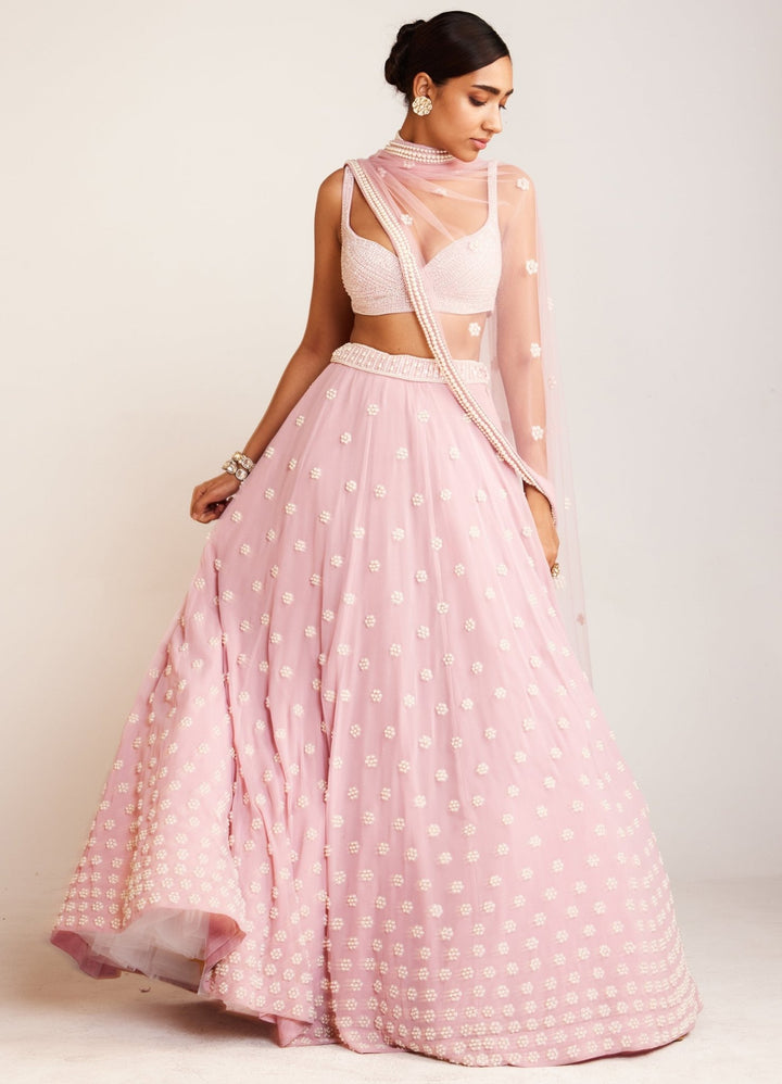 Powder Pink Pearl Flower Embellished Lehenga Set With Net Dupatta Vvani By Vani Vats - Fabilicious Fashion