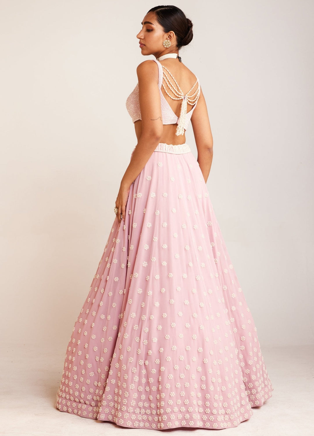 Powder Pink Pearl Flower Embellished Lehenga Set With Net Dupatta Vvani By Vani Vats - Fabilicious Fashion