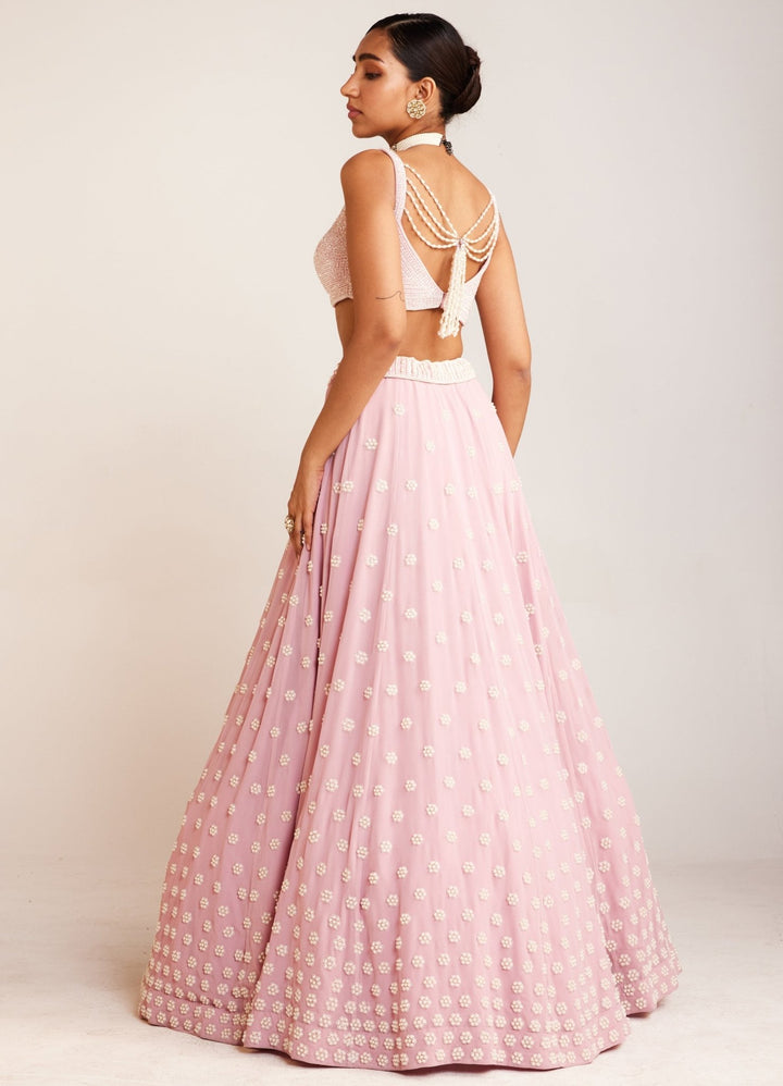 Powder Pink Pearl Flower Embellished Lehenga Set With Net Dupatta Vvani By Vani Vats - Fabilicious Fashion