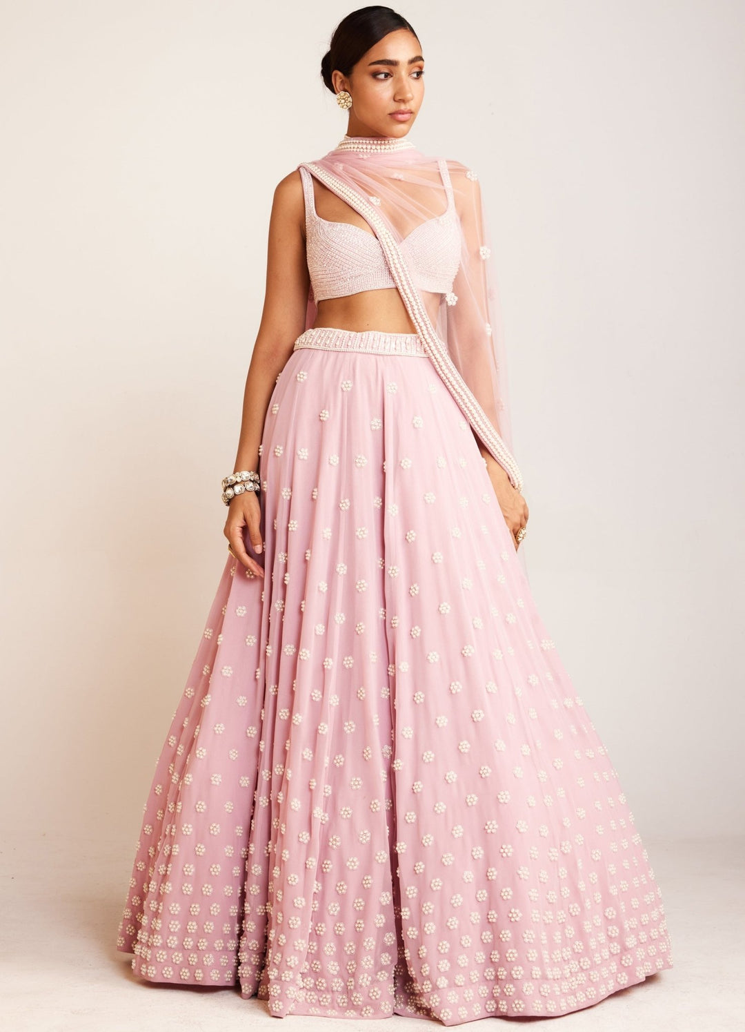 Powder Pink Pearl Flower Embellished Lehenga Set With Net Dupatta Vvani By Vani Vats - Fabilicious Fashion