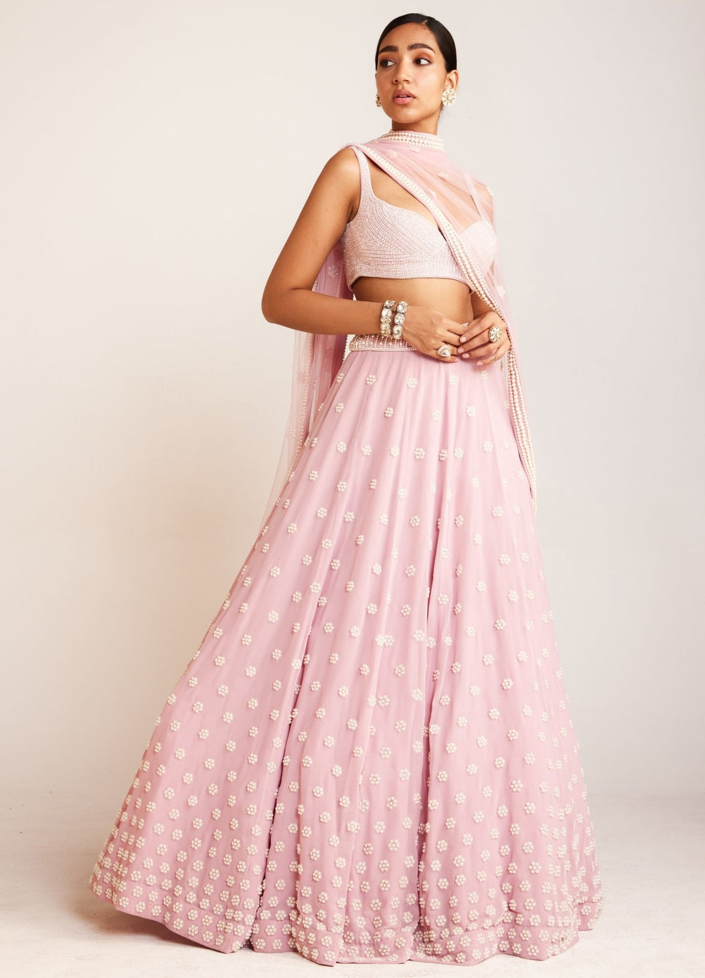 Powder Pink Pearl Flower Embellished Lehenga Set With Net Dupatta Vvani By Vani Vats - Fabilicious Fashion