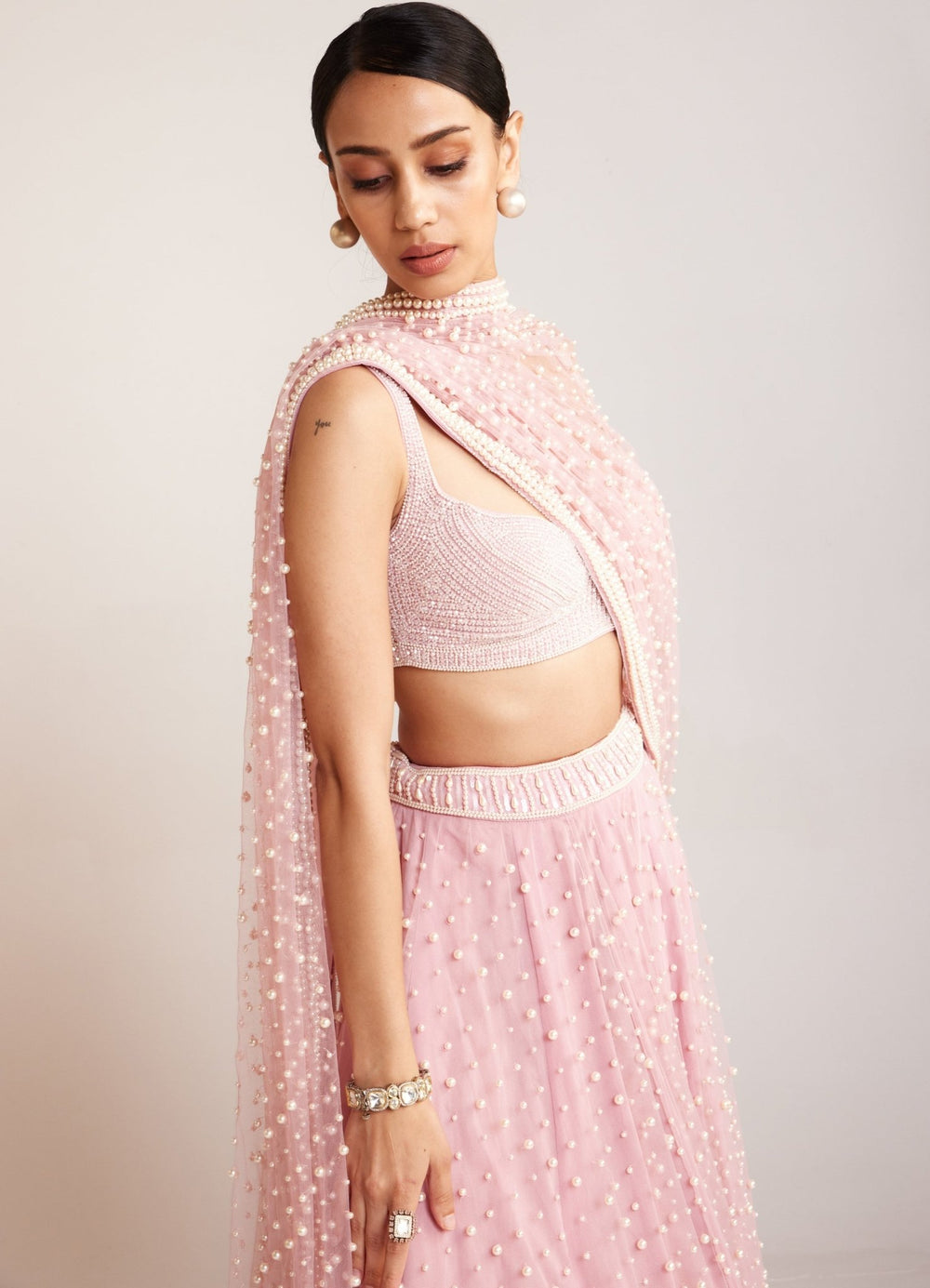 Powder Pink Scattered Pearl Embellished Lehenga Set Vvani By Vani Vats - Fabilicious Fashion