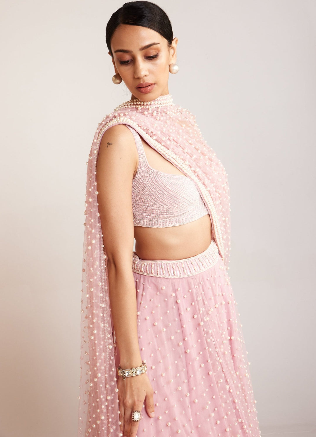 Powder Pink Scattered Pearl Embellished Lehenga Set Vvani By Vani Vats - Fabilicious Fashion
