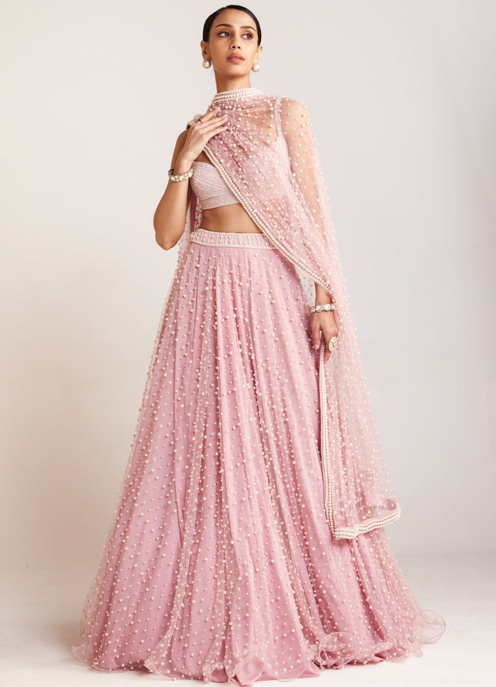 Powder Pink Scattered Pearl Embellished Lehenga Set Vvani By Vani Vats - Fabilicious Fashion