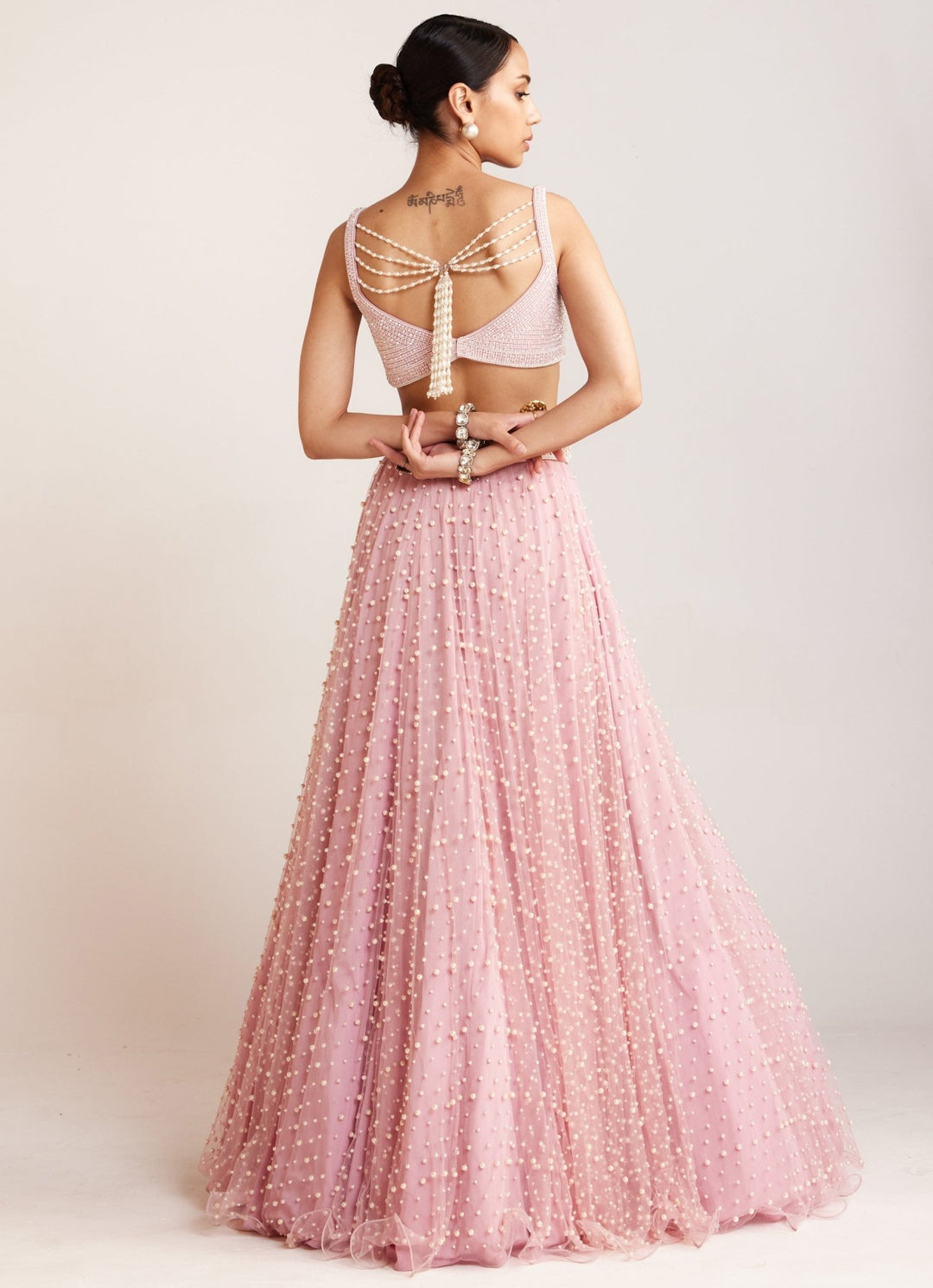 Powder Pink Scattered Pearl Embellished Lehenga Set Vvani By Vani Vats - Fabilicious Fashion