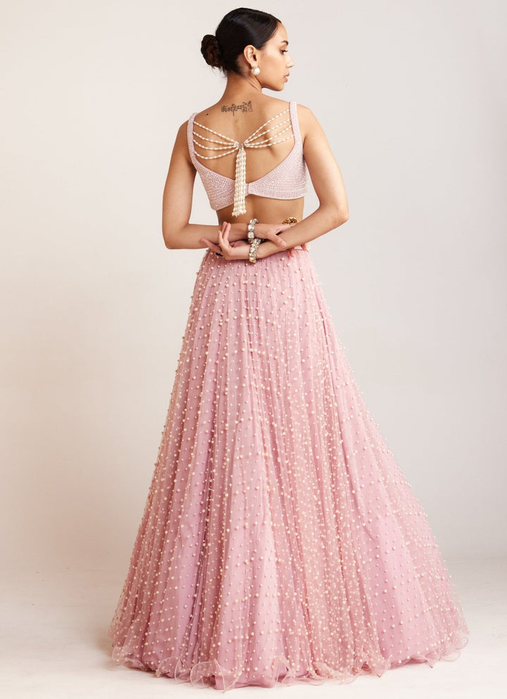 Powder Pink Scattered Pearl Embellished Lehenga Set Vvani By Vani Vats - Fabilicious Fashion
