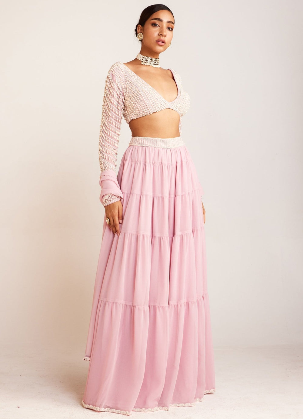 Powder Pink Sharara Set With Embellished Blouse and Dupatta Vvani By Vani Vats - Fabilicious Fashion