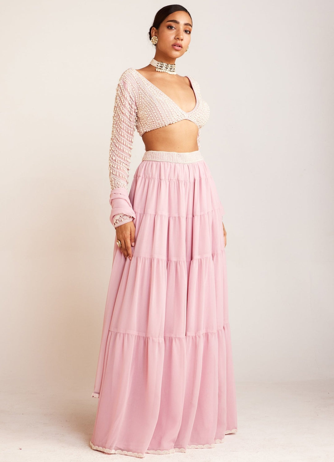 Powder Pink Sharara Set With Embellished Blouse and Dupatta Vvani By Vani Vats - Fabilicious Fashion