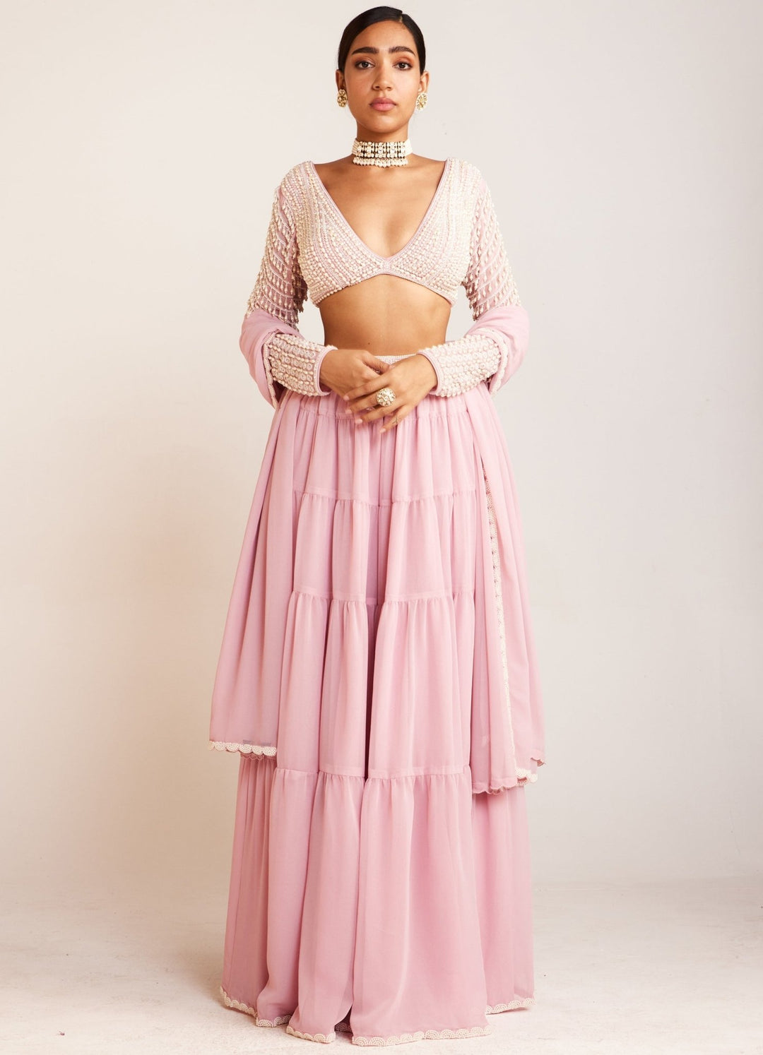 Powder Pink Sharara Set With Embellished Blouse and Dupatta Vvani By Vani Vats - Fabilicious Fashion