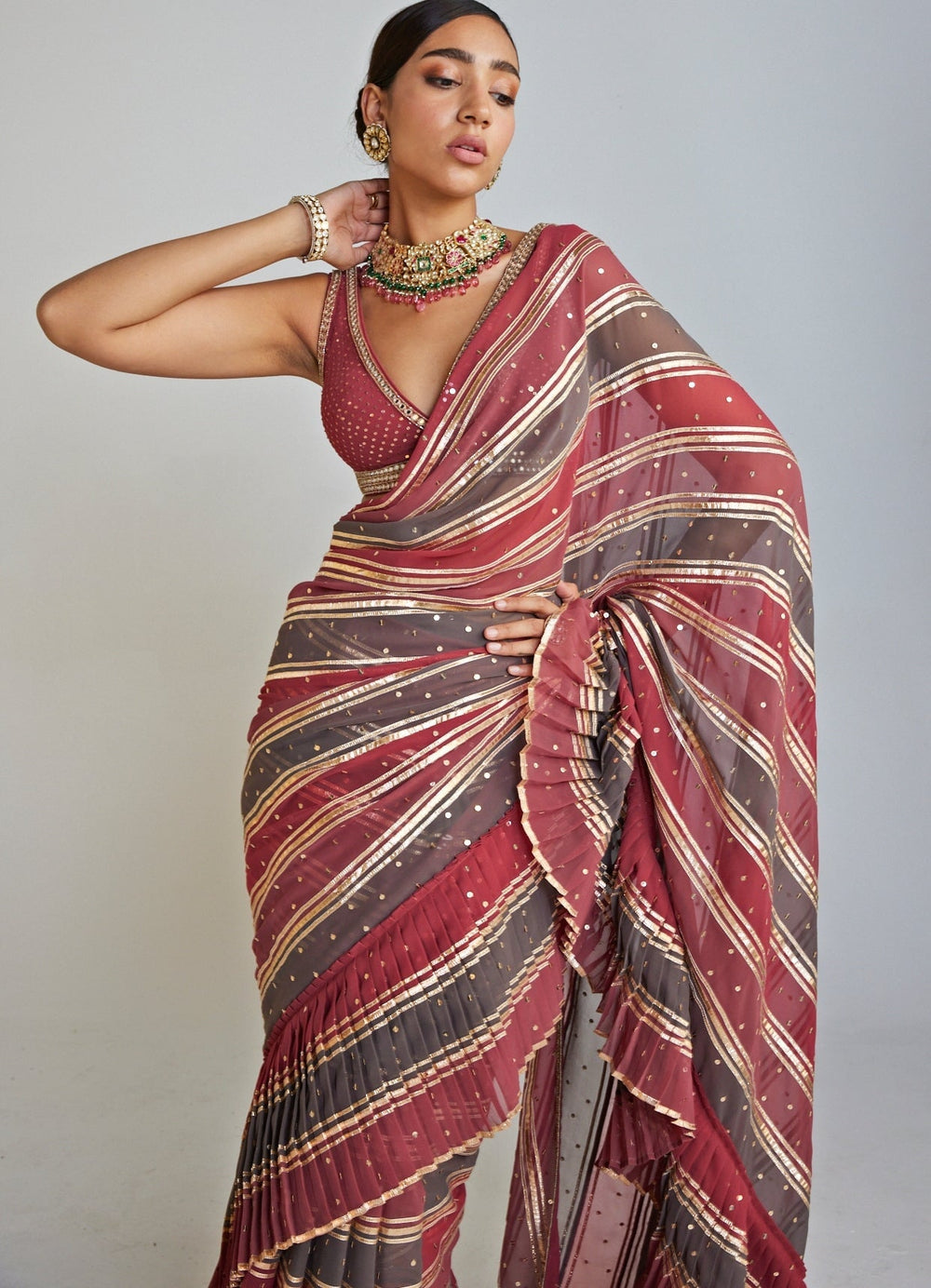 Pre Draped Charcoal Grey and Gold Multicolor Saree Set Vvani By Vani Vats - Fabilicious Fashion