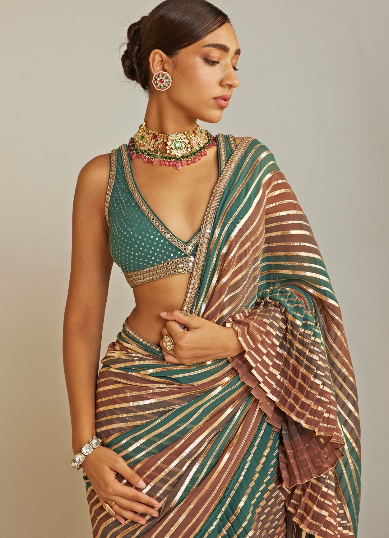 Mud green pre-draped sari and blouse