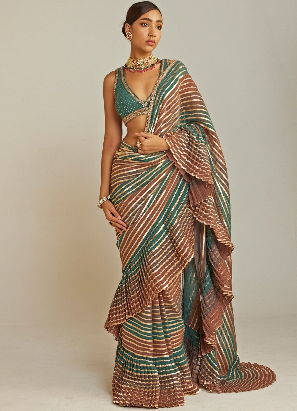 Pre Draped Mud Green and Gold Multicolour Saree Set Vvani By Vani Vats - Fabilicious Fashion