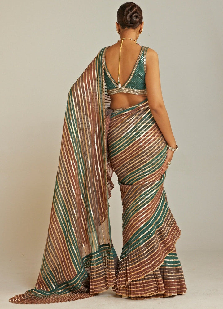 Pre Draped Mud Green and Gold Multicolour Saree Set Vvani By Vani Vats - Fabilicious Fashion