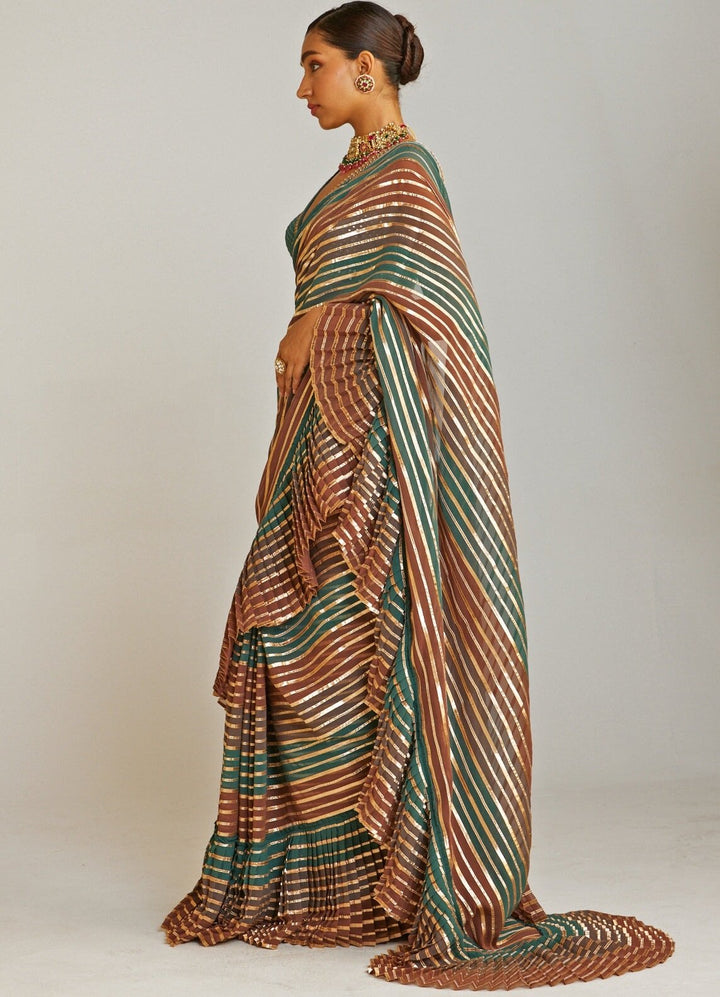 Pre Draped Mud Green and Gold Multicolour Saree Set Vvani By Vani Vats - Fabilicious Fashion