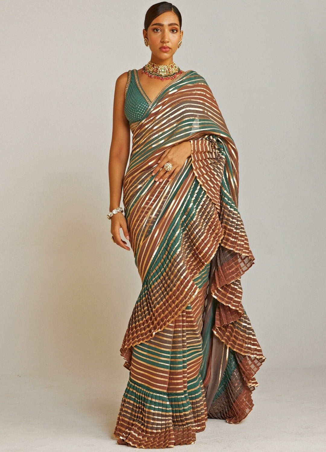 Pre Draped Mud Green and Gold Multicolour Saree Set Vvani By Vani Vats - Fabilicious Fashion