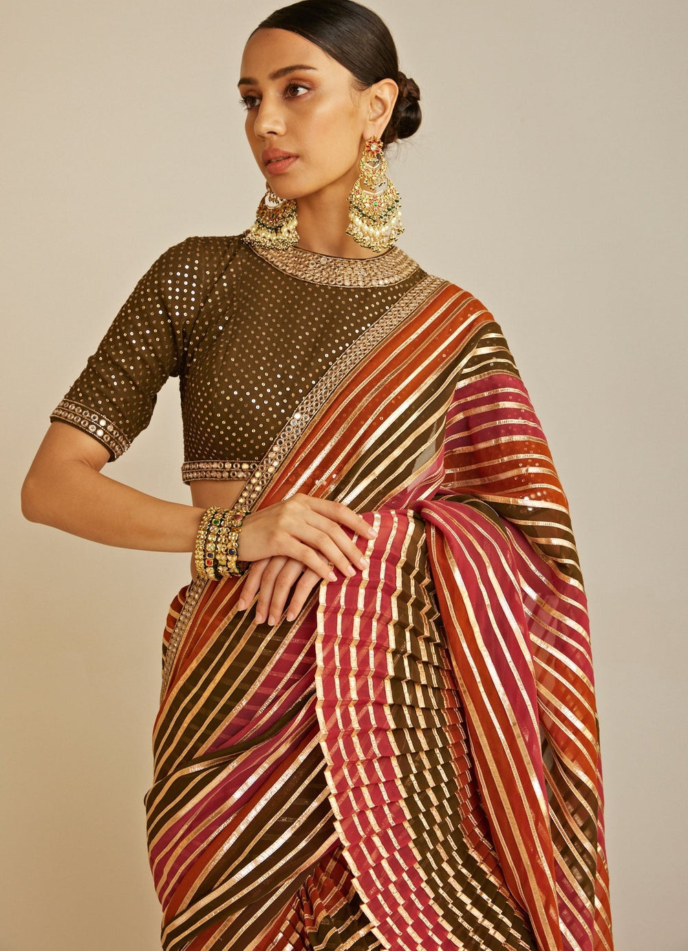 Pre Draped Olive Green and Gold Multicolour Saree Set Vvani By Vani Vats - Fabilicious Fashion