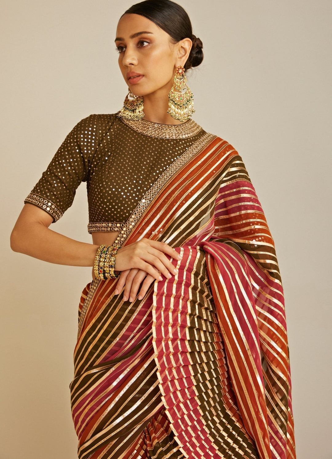 Pre Draped Olive Green and Gold Multicolour Saree Set Vvani By Vani Vats - Fabilicious Fashion