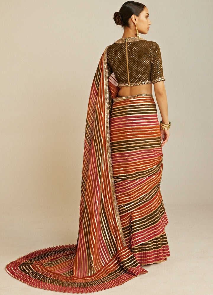 Pre Draped Olive Green and Gold Multicolour Saree Set Vvani By Vani Vats - Fabilicious Fashion