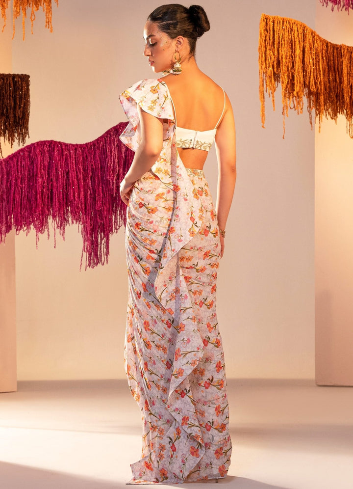 Printed Draped Saree Lehenga With Frill Dupatta and Georgette Bralette Silky Bindra - Fabilicious Fashion