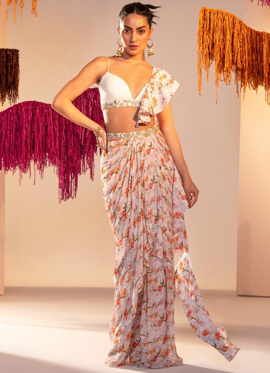 Printed Draped Saree Lehenga With Frill Dupatta and Georgette Bralette Silky Bindra - Fabilicious Fashion