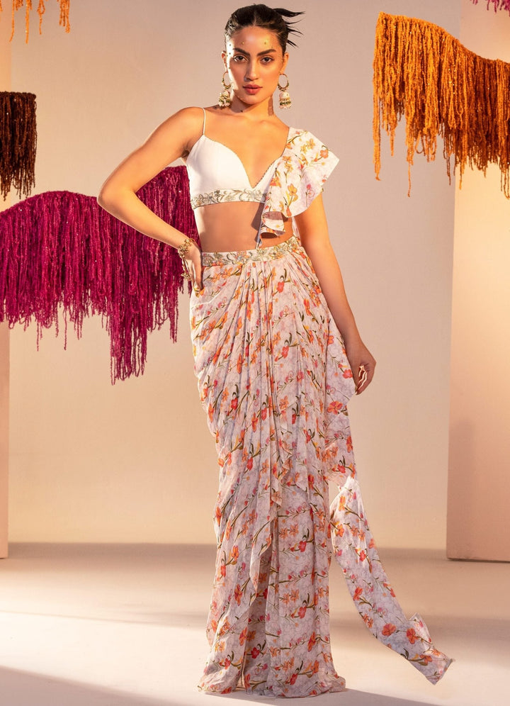 Printed Draped Saree Lehenga With Frill Dupatta and Georgette Bralette Silky Bindra - Fabilicious Fashion