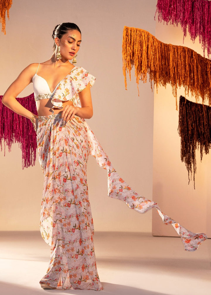Printed Draped Saree Lehenga With Frill Dupatta and Georgette Bralette Silky Bindra - Fabilicious Fashion