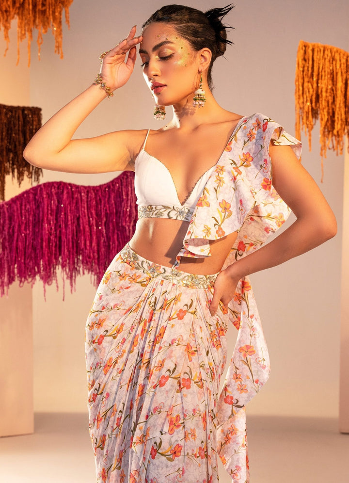 Printed Draped Saree Lehenga With Frill Dupatta and Georgette Bralette Silky Bindra - Fabilicious Fashion