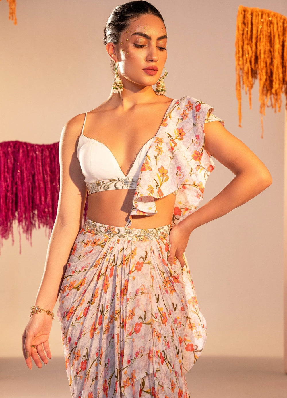 Printed Draped Saree Lehenga With Frill Dupatta and Georgette Bralette Silky Bindra - Fabilicious Fashion