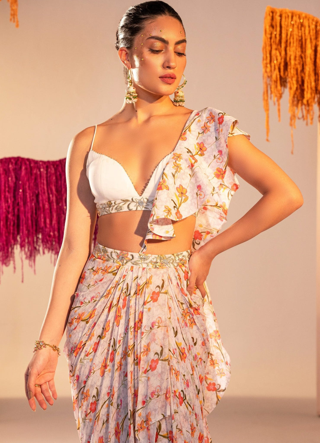 Printed Draped Saree Lehenga With Frill Dupatta and Georgette Bralette Silky Bindra - Fabilicious Fashion