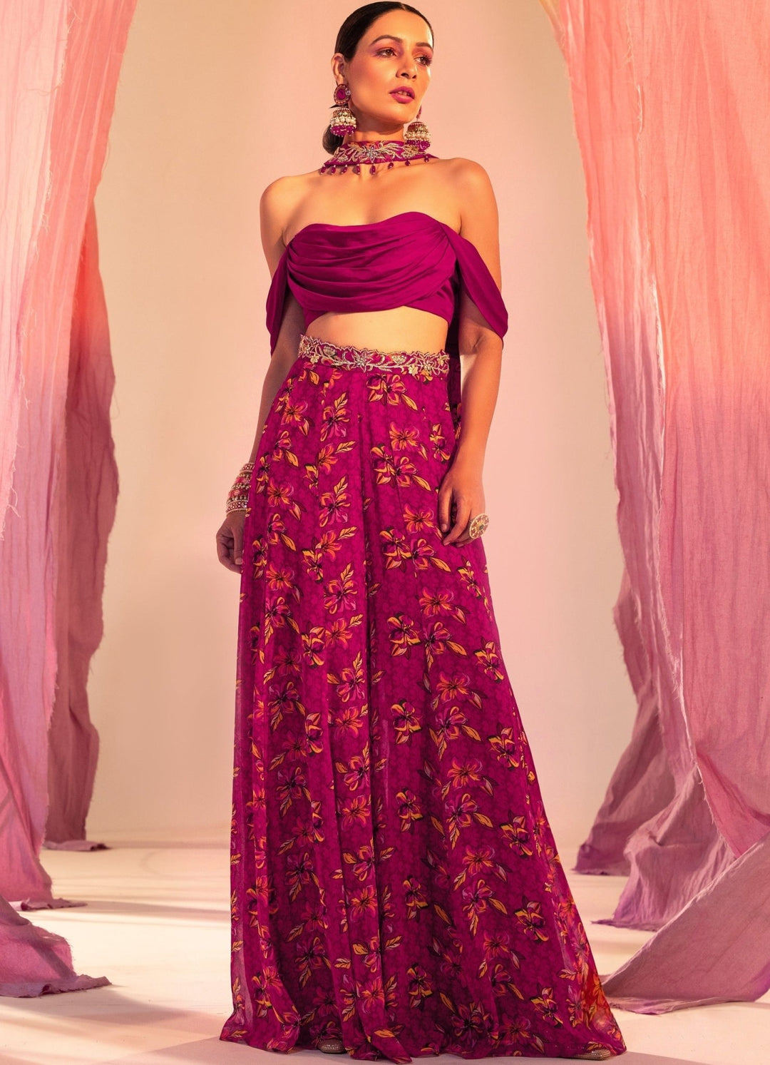 Purple Cowl Blouse And Printed Palazzo And Choker Dupatta Silky Bindra - Fabilicious Fashion