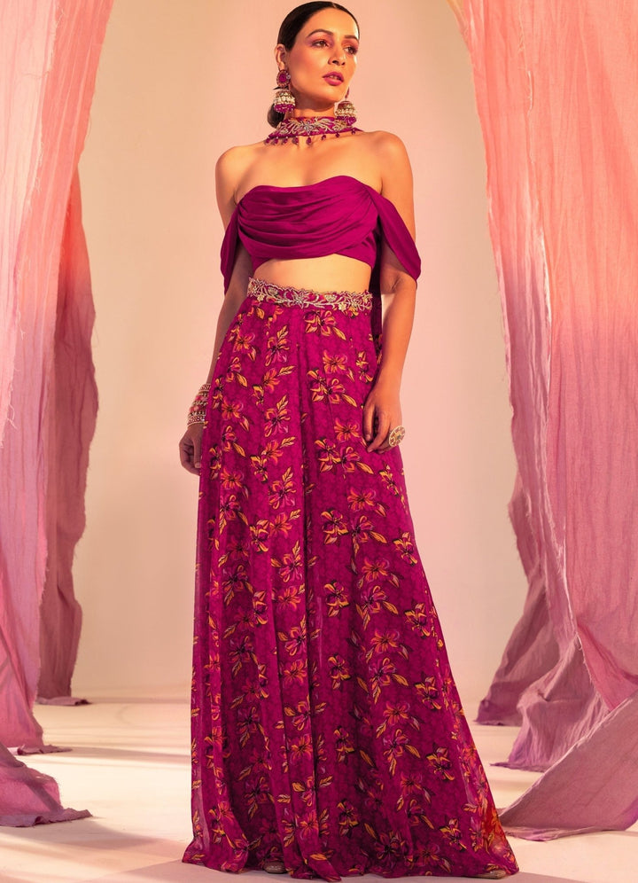 Purple Cowl Blouse And Printed Palazzo And Choker Dupatta Silky Bindra - Fabilicious Fashion