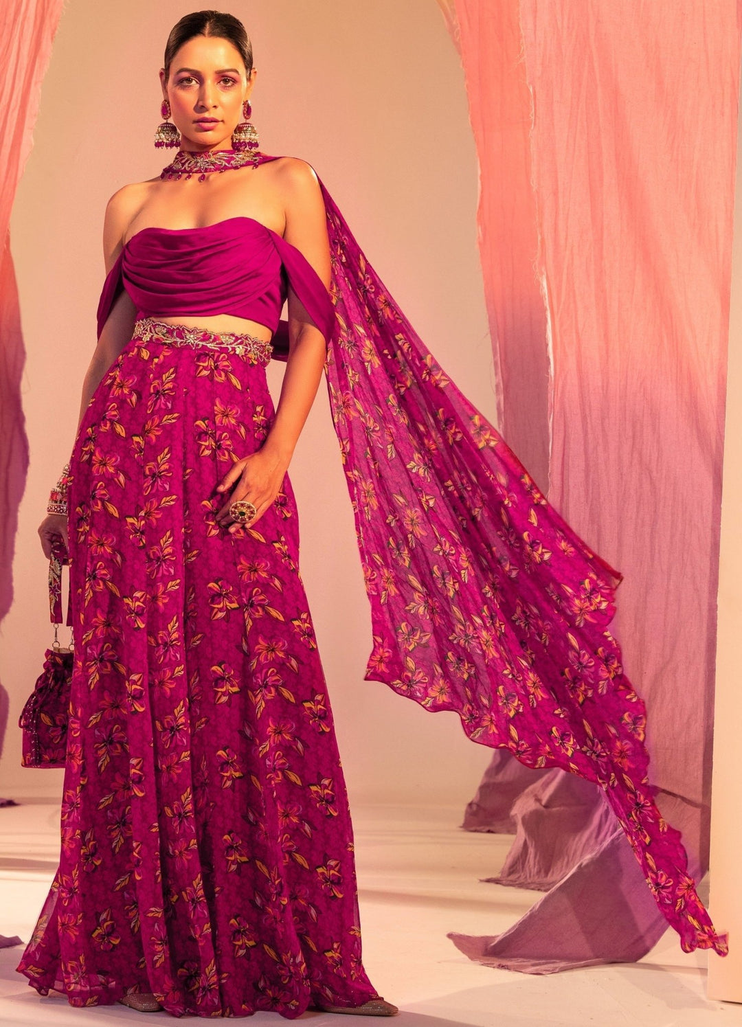 Purple Cowl Blouse And Printed Palazzo And Choker Dupatta Silky Bindra - Fabilicious Fashion