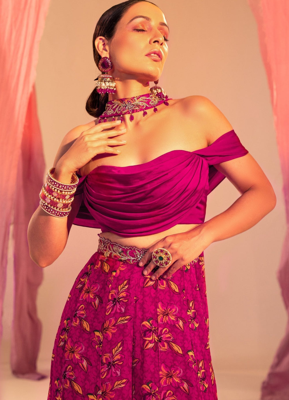 Purple Cowl Blouse And Printed Palazzo And Choker Dupatta Silky Bindra - Fabilicious Fashion