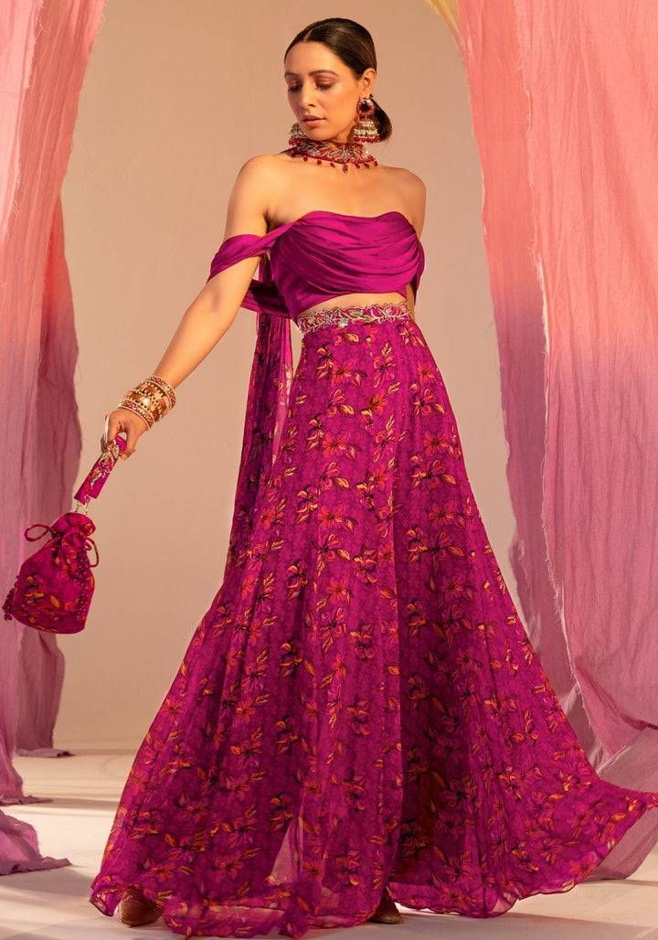 Purple Cowl Blouse And Printed Palazzo And Choker Dupatta Silky Bindra - Fabilicious Fashion