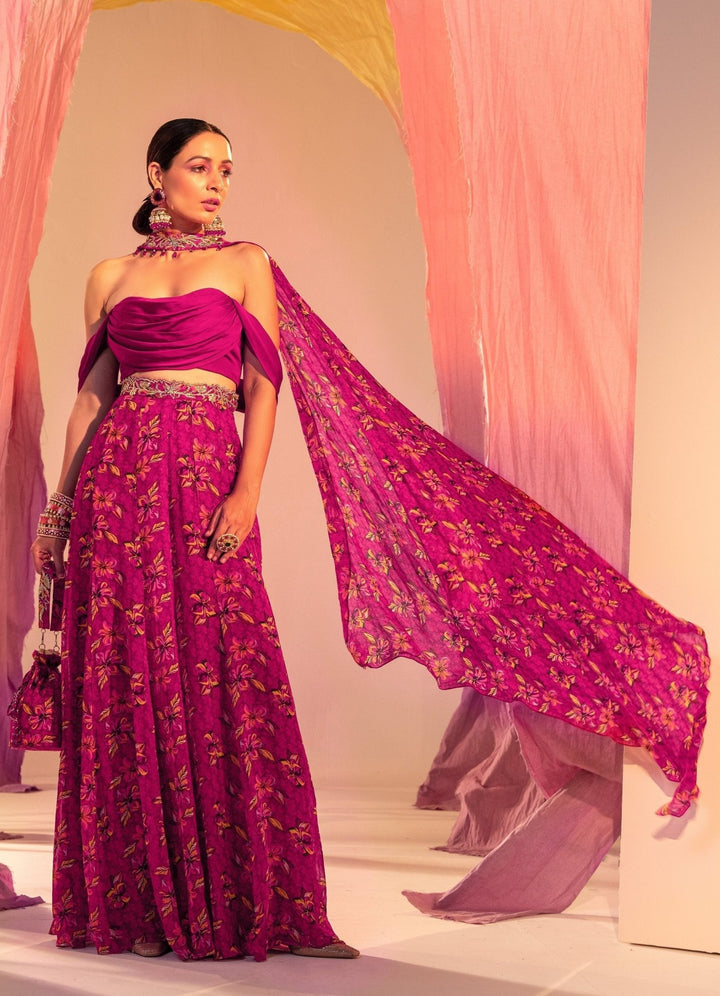 Purple Cowl Blouse And Printed Palazzo And Choker Dupatta Silky Bindra - Fabilicious Fashion