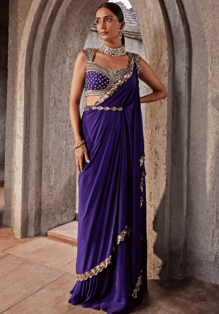 Purple Crepe Pre Drape Saree Set Nidhika Shekhar - Fabilicious Fashion