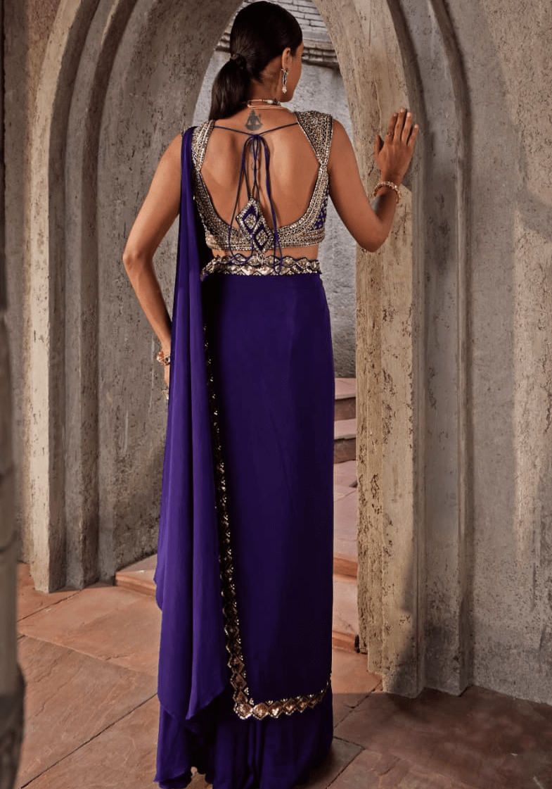 Purple Crepe Pre Drape Saree Set Nidhika Shekhar - Fabilicious Fashion