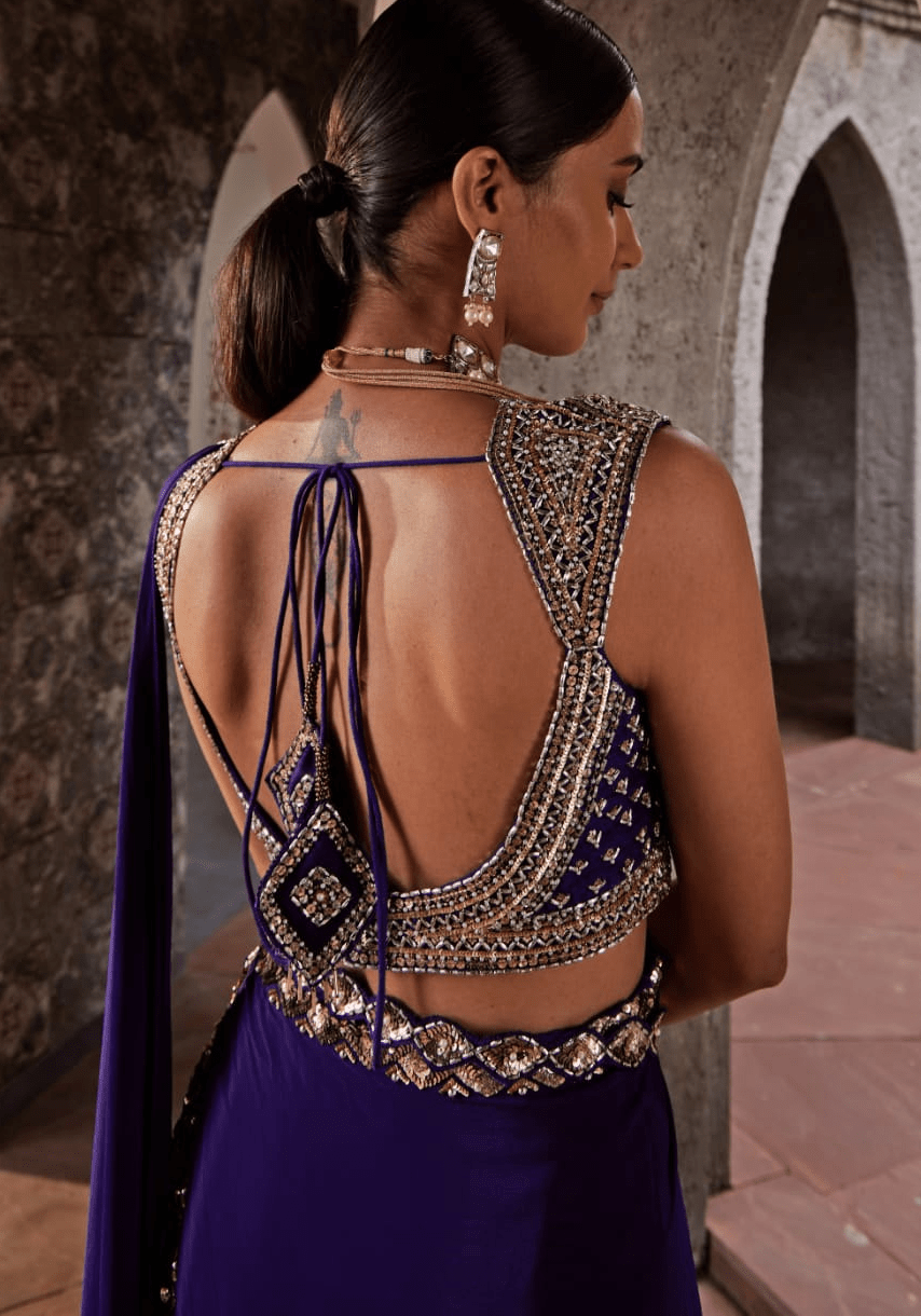 Purple Crepe Pre Drape Saree Set Nidhika Shekhar - Fabilicious Fashion