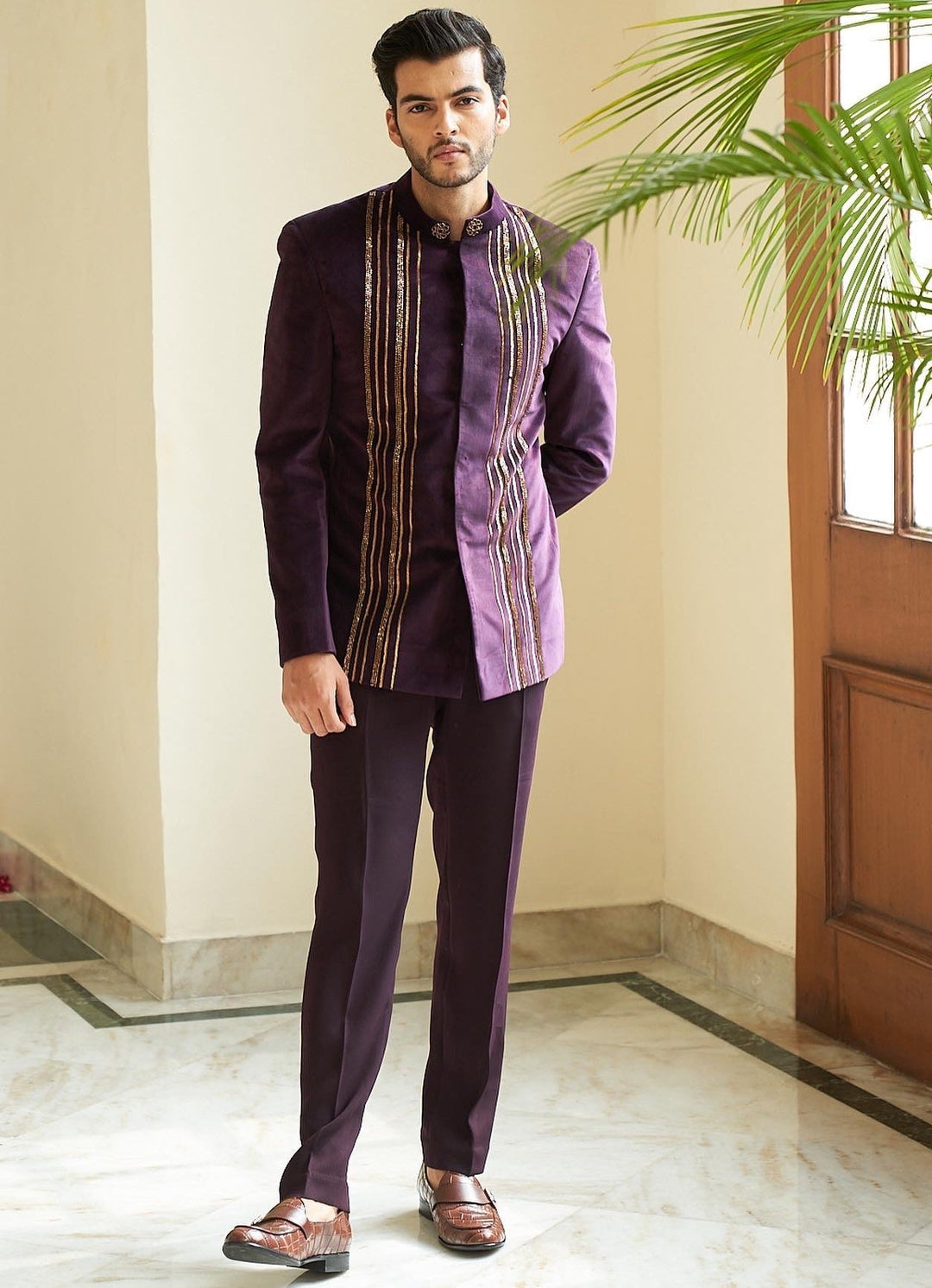 Purple Embellished Bandhgala Set Contrast by Parth - Fabilicious Fashion