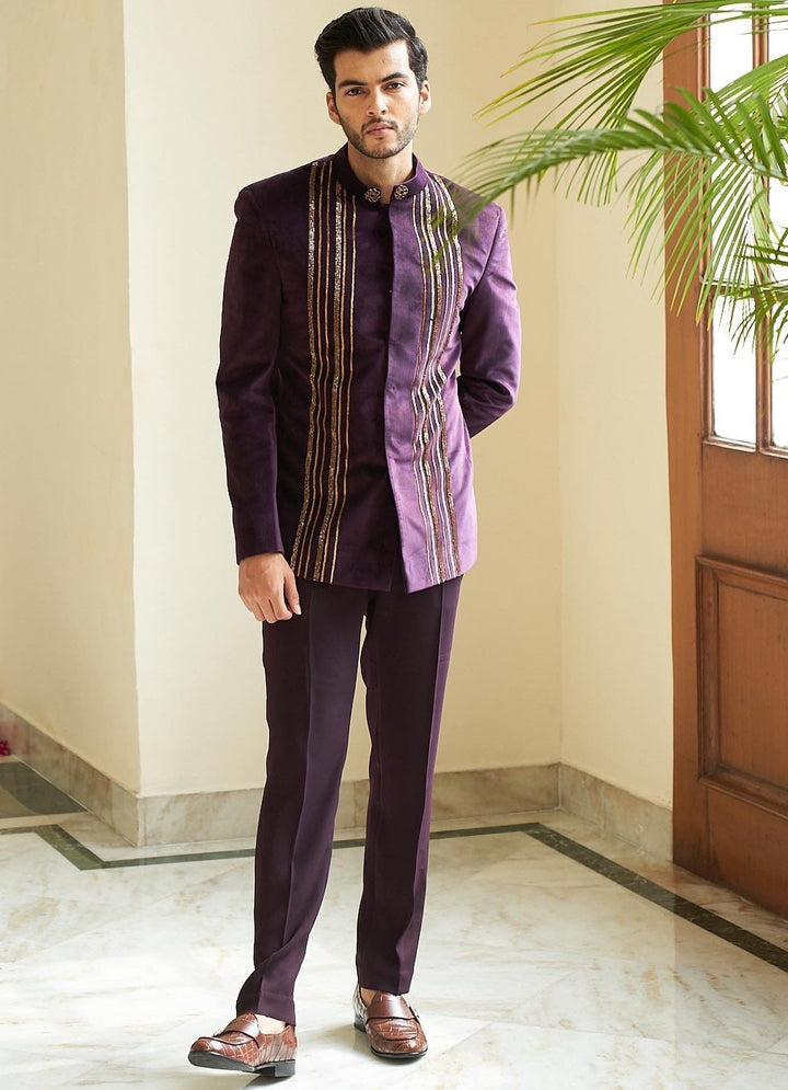 Purple Embellished Bandhgala Set Contrast by Parth - Fabilicious Fashion