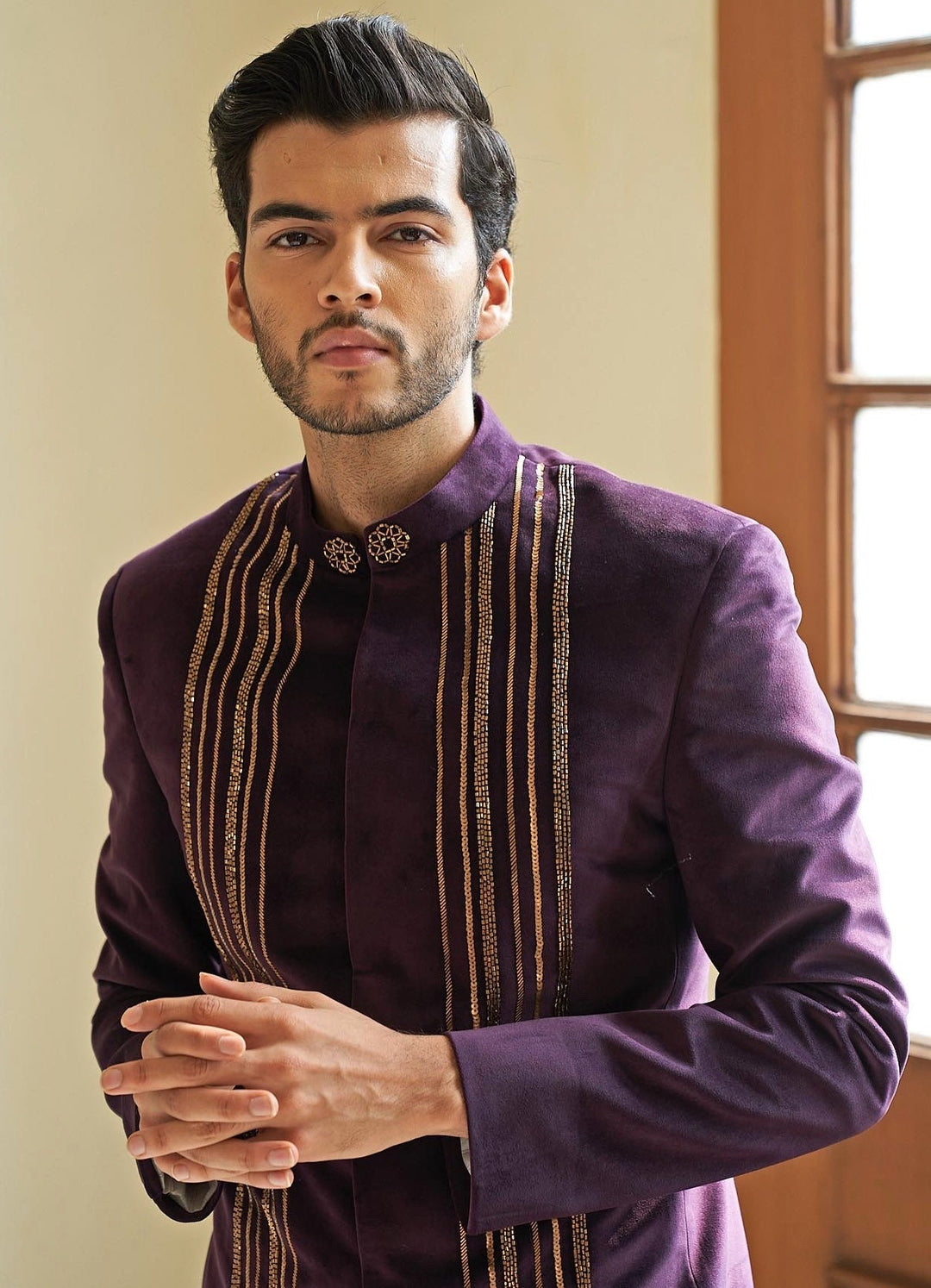 Purple Embellished Bandhgala Set Contrast by Parth - Fabilicious Fashion