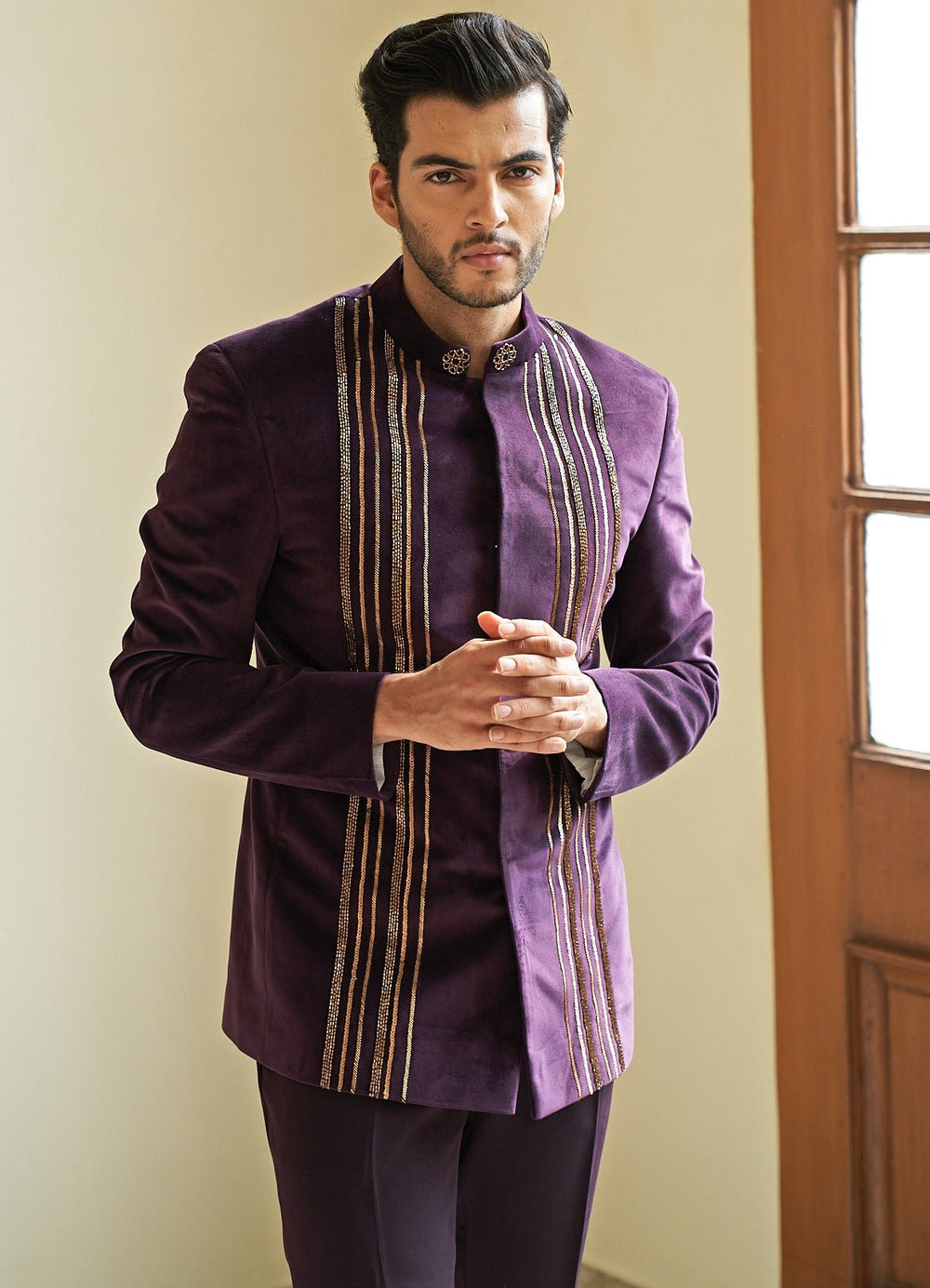 Purple Embellished Bandhgala Set Contrast by Parth - Fabilicious Fashion