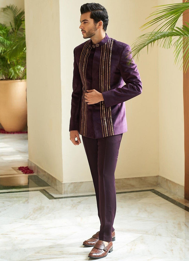 Purple Embellished Bandhgala Set Contrast by Parth - Fabilicious Fashion