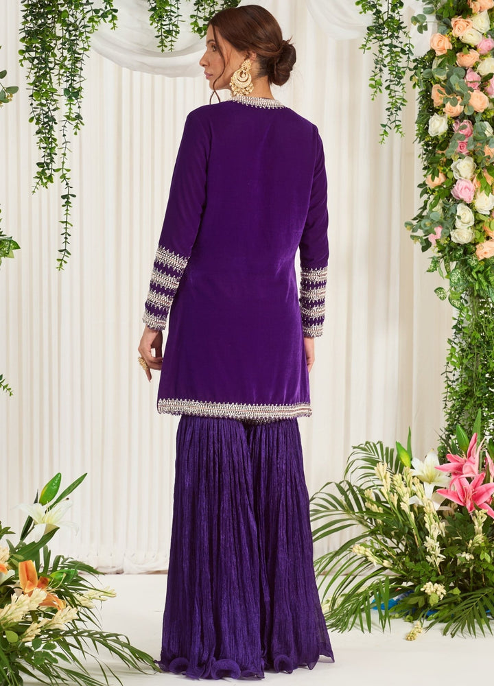 Purple Embellished Velvet Kurta Set With Sharara Nidhika Shekhar - Fabilicious Fashion