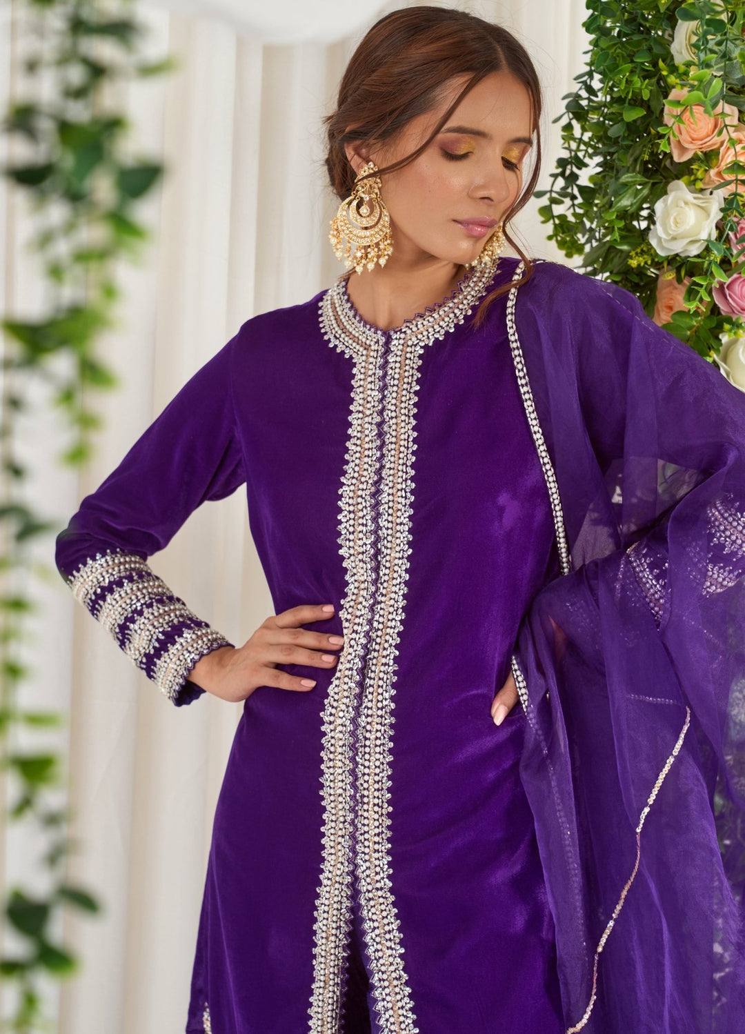 Purple Embellished Velvet Kurta Set With Sharara Nidhika Shekhar - Fabilicious Fashion