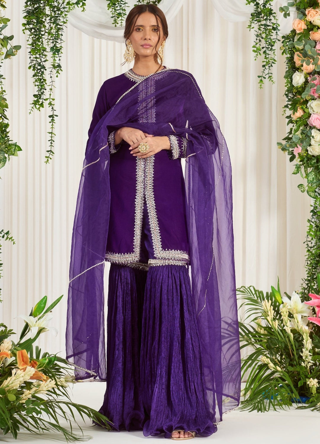 Purple Embellished Velvet Kurta Set With Sharara Nidhika Shekhar - Fabilicious Fashion