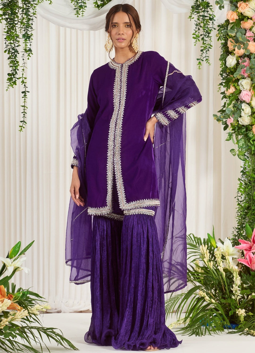 Purple Embellished Velvet Kurta Set With Sharara Nidhika Shekhar - Fabilicious Fashion