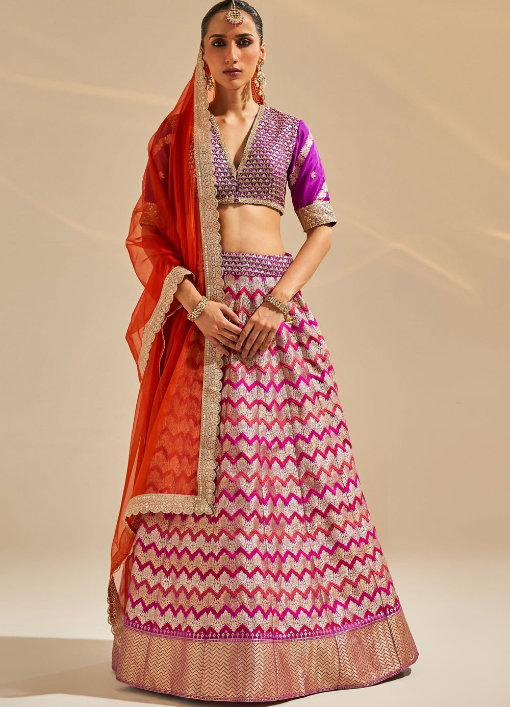 Purple Embroidered Banarsi Silk Lehenga Set Studio Iris - Fabilicious Fashion